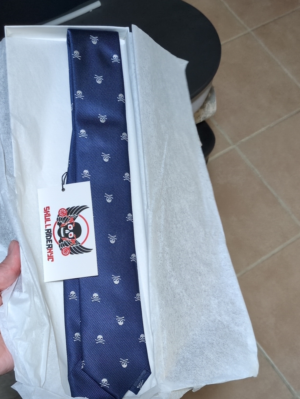 Navy Blue Mens Tie with Skull Motif